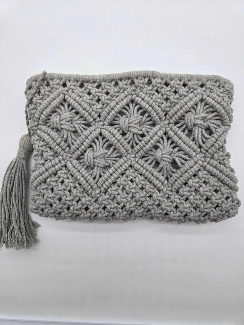 Noa Venice Diamond Pattern Macrame Tassel Clutch Gray Bag